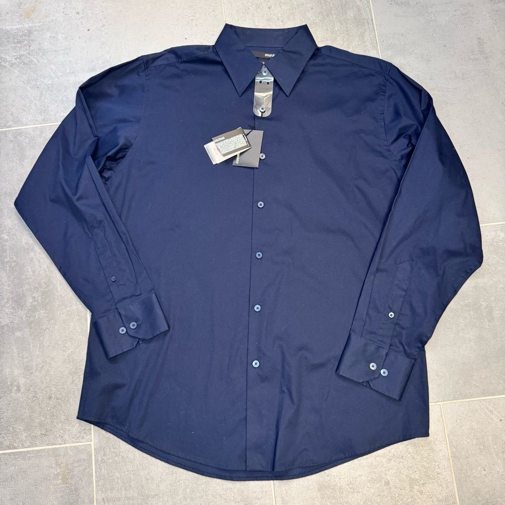 Murano Modern Comfort XLA Men Size Large Solid Navy Blue L/S Dress Shirt